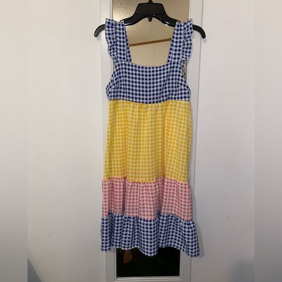 SHEIN Colorblock Gingham Midi Ruffle Tiered Dress M SO CUTE! - Picture 8 of 8